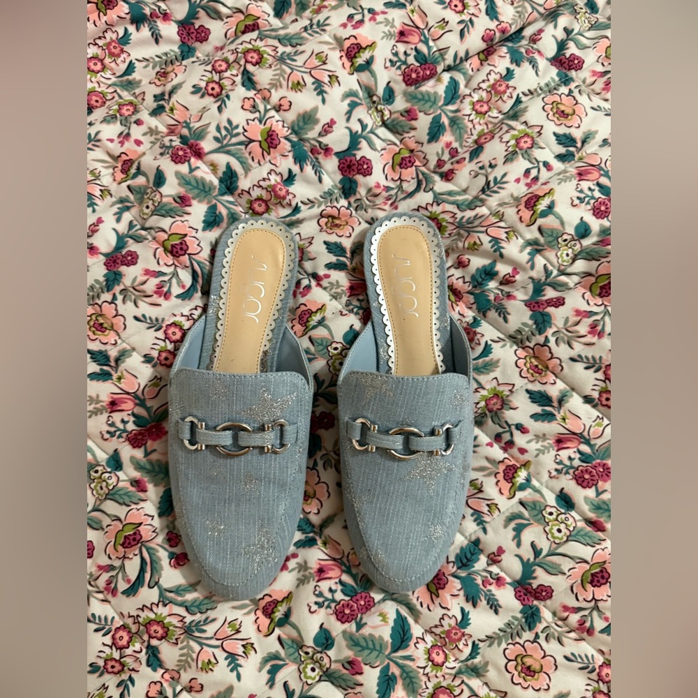 Sugar Slip-On Chain-Accent Mules in Light Blue